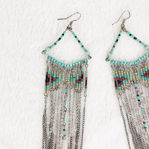 Beaded Earrings Boho Hand Crafted Chain Beads Fringe Long Dangle Turquoise - Picture 3 of 4